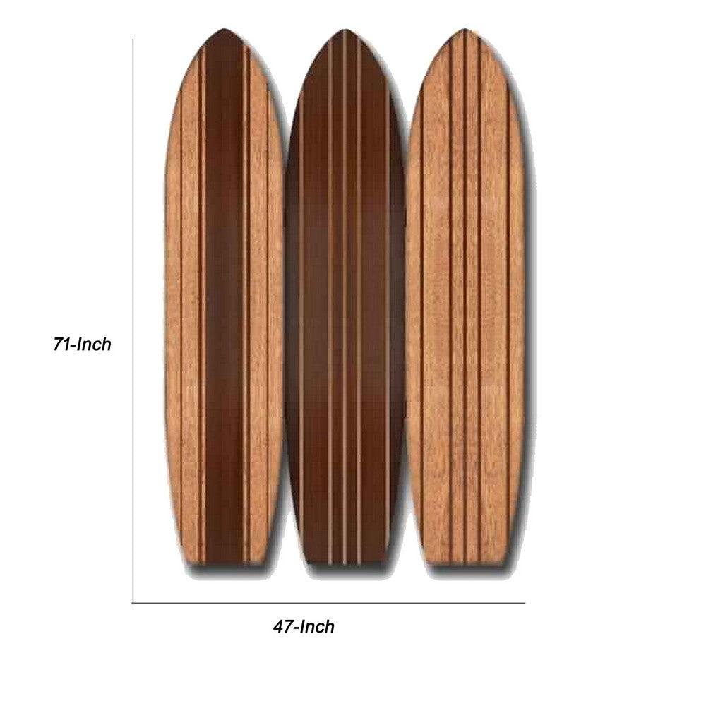 3 Panel Wooden Screen With Surfboard Shape Design, Brown By Benzara | Room Divider |  Modishstore  - 5
