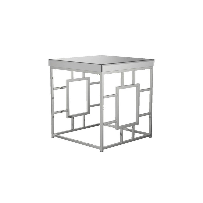 Contemporary Square End Table With Mirrored Top And Geometric Base, Silver By Benzara | End Tables |  Modishstore 