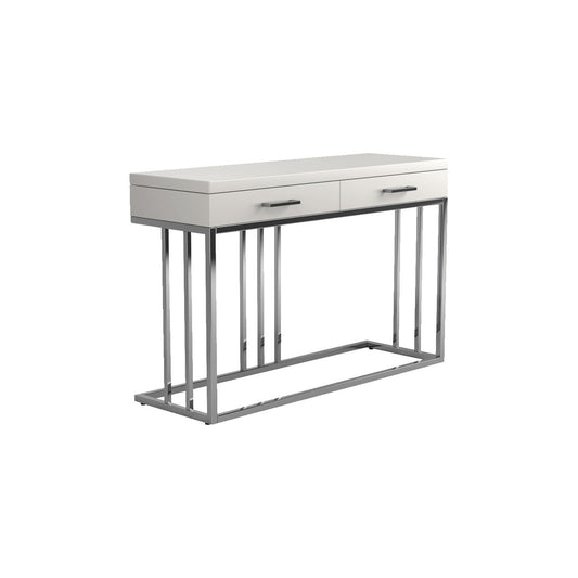 2 Drawer Glossy Rectangular Sofa Table With Metal Base, White And Silver By Benzara | End Tables | Modishstore