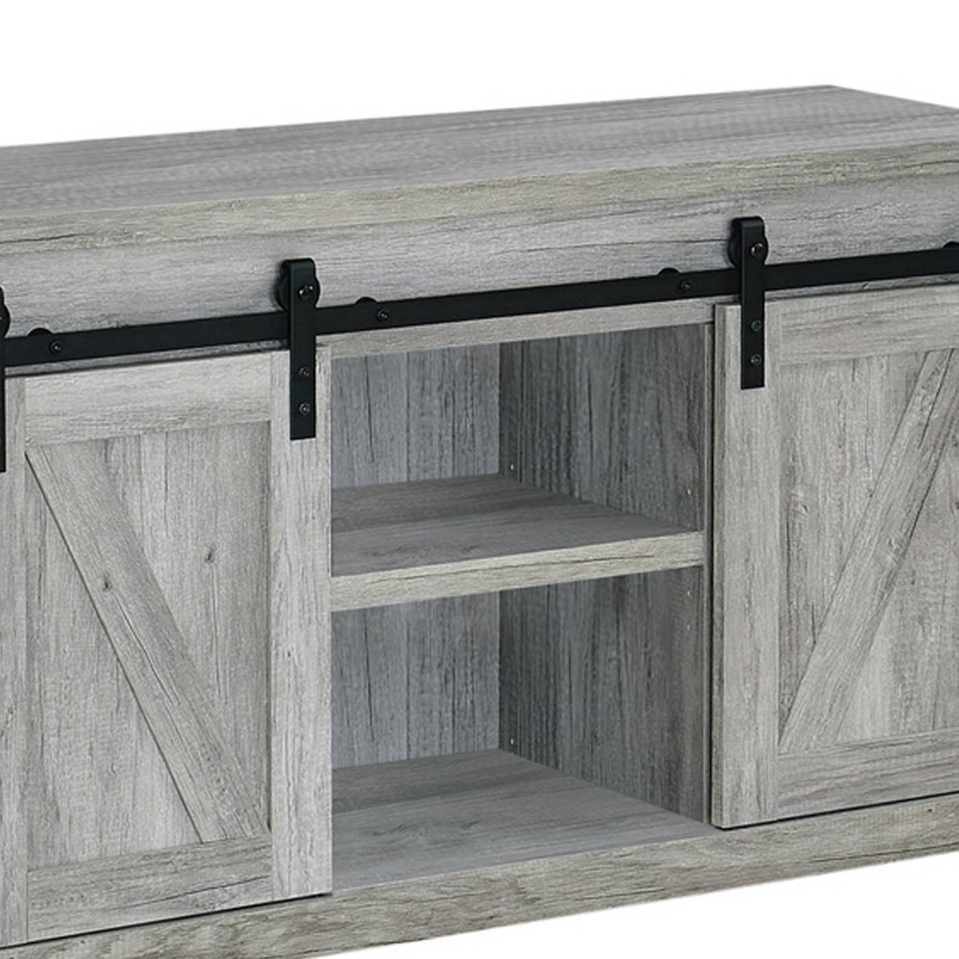 48 Inch Farmhouse Wooden Tv Console With 2 Sliding Barn Doors, Gray By Benzara | TV Stands |  Modishstore  - 4