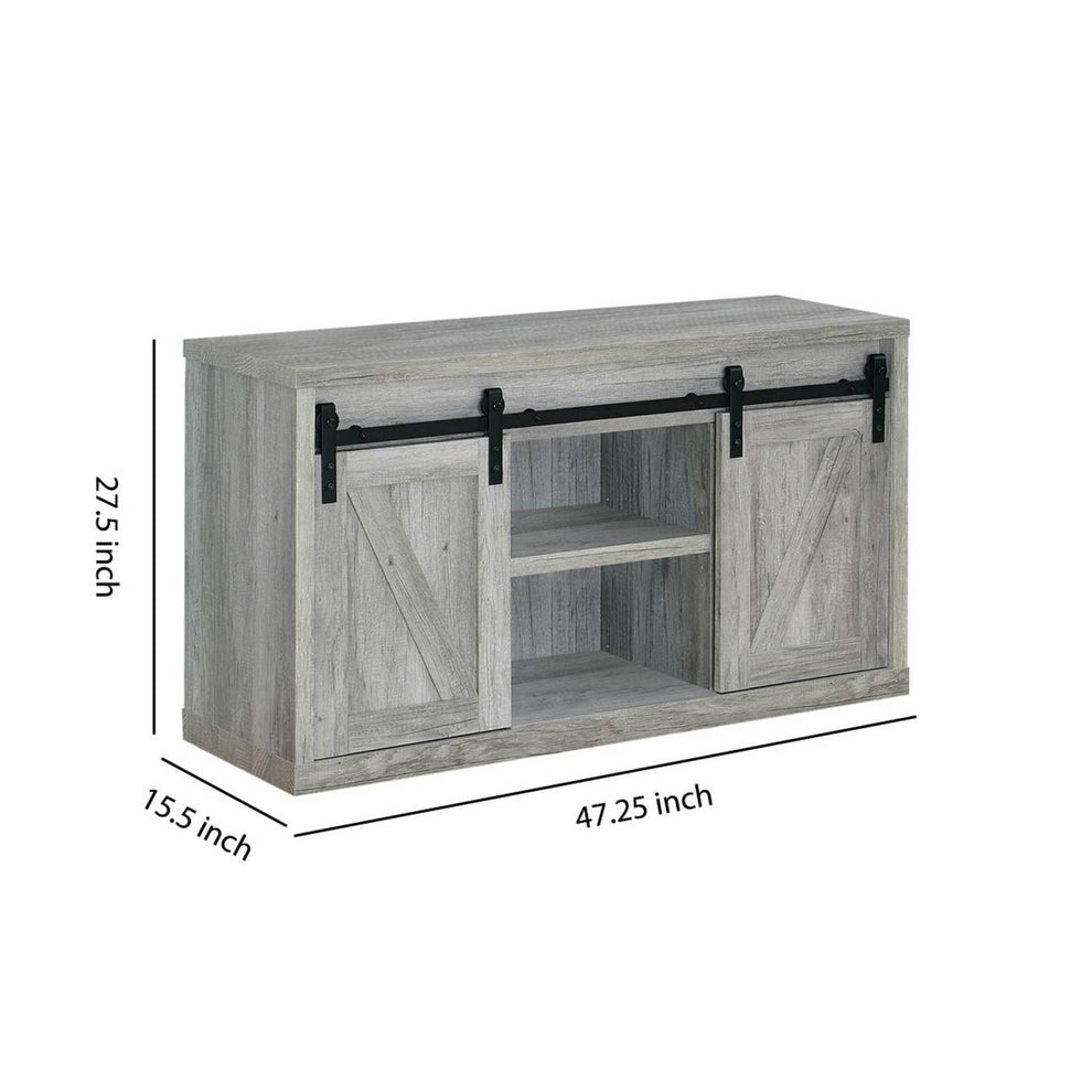 48 Inch Farmhouse Wooden Tv Console With 2 Sliding Barn Doors, Gray By Benzara | TV Stands |  Modishstore  - 2