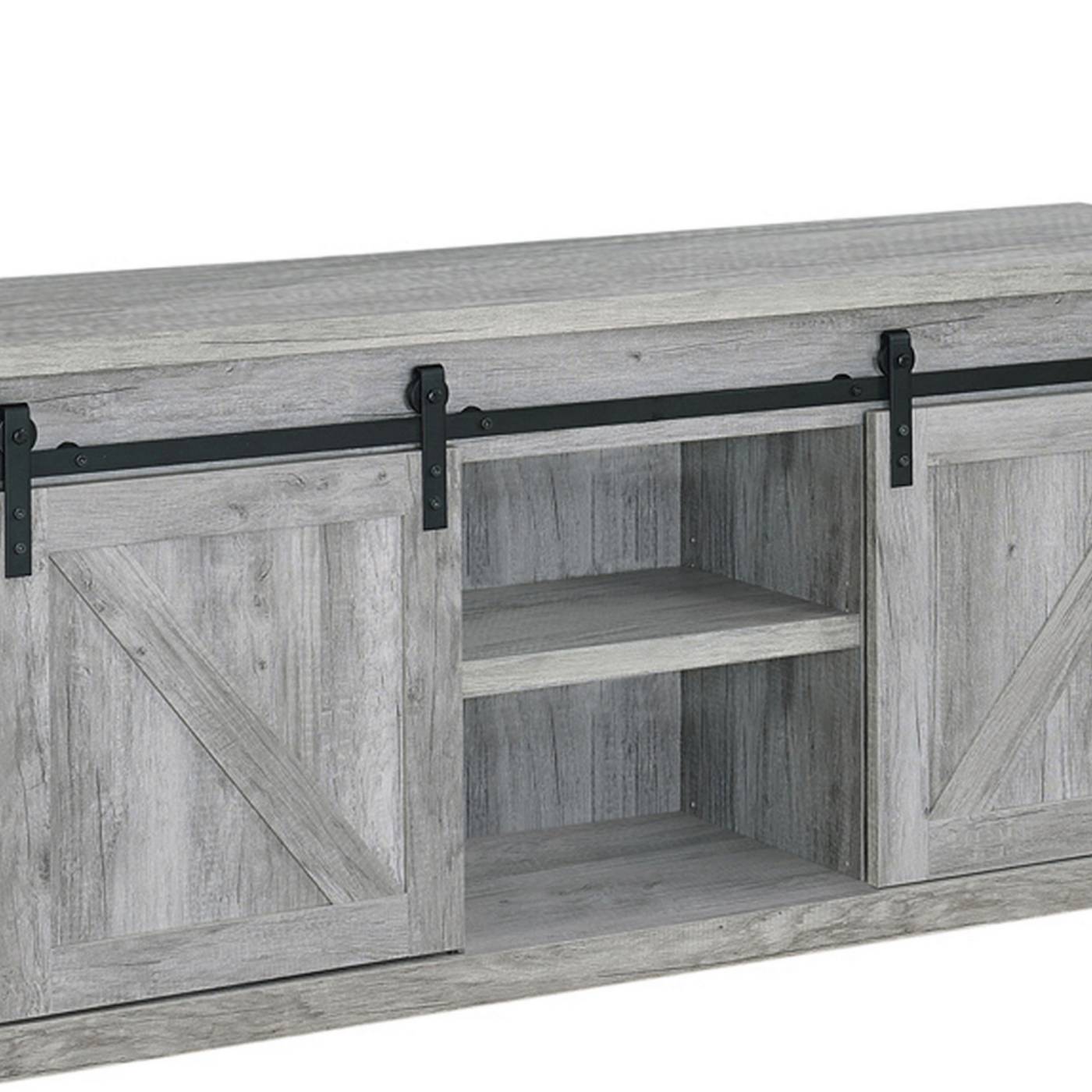 59 Inch Farmhouse Wooden Tv Console With 2 Sliding Barn Doors, Gray By Benzara | TV Stands |  Modishstore  - 4