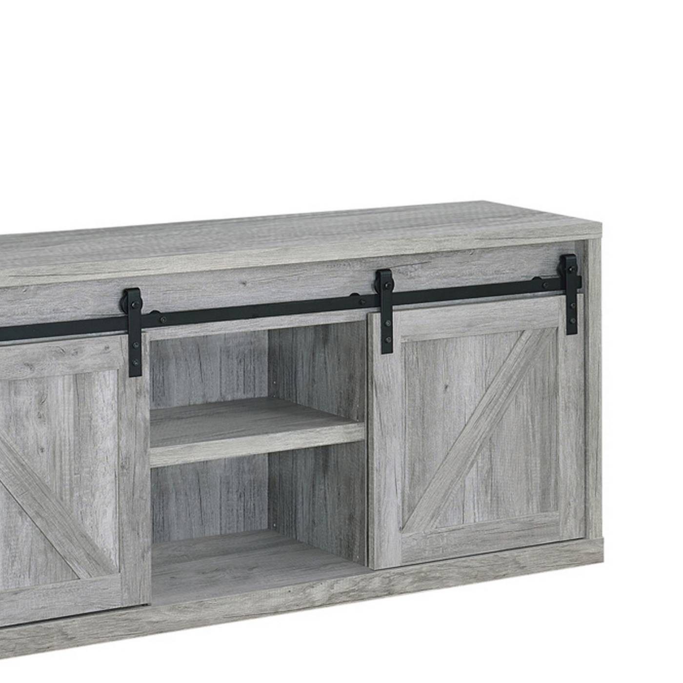 59 Inch Farmhouse Wooden Tv Console With 2 Sliding Barn Doors, Gray By Benzara | TV Stands |  Modishstore  - 3
