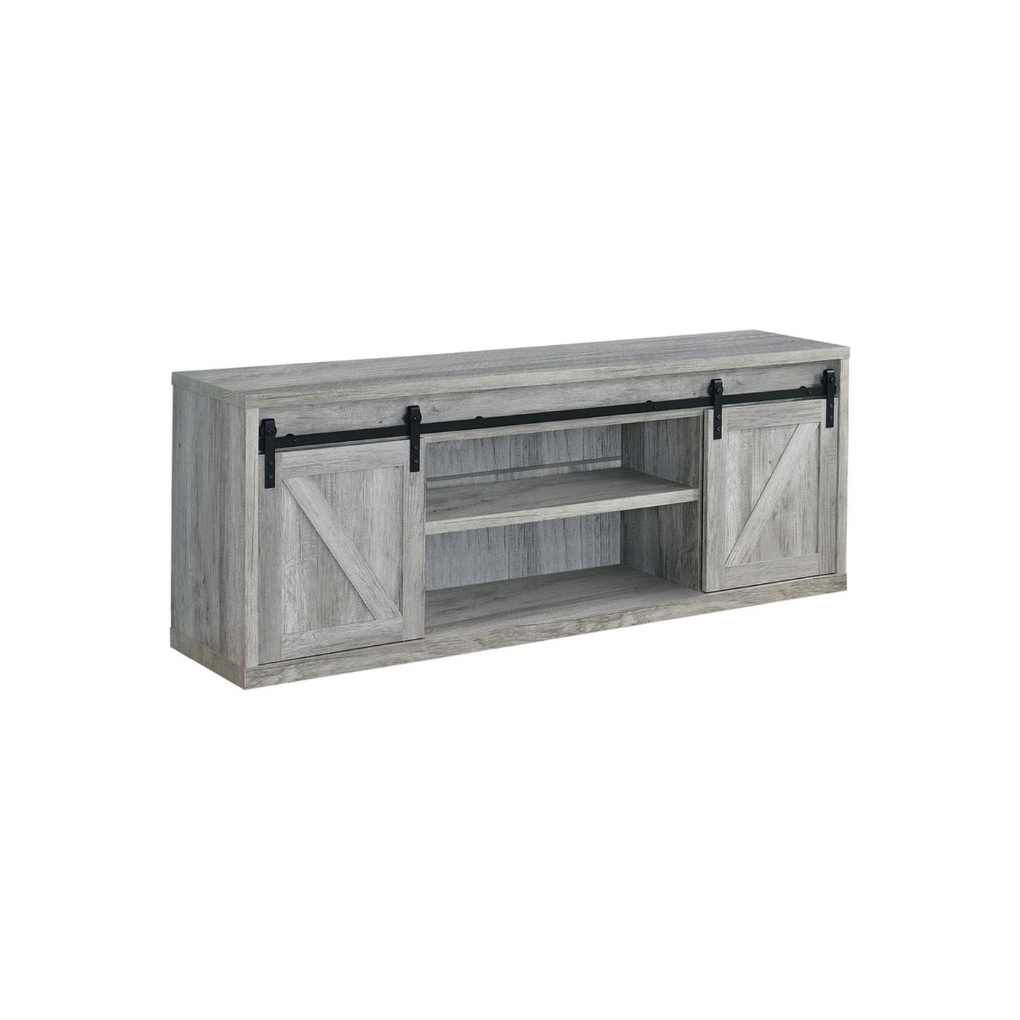 71 Inch Farmhouse Wooden Tv Console With 2 Sliding Barn Doors, Gray By Benzara | Cabinets | Modishstore