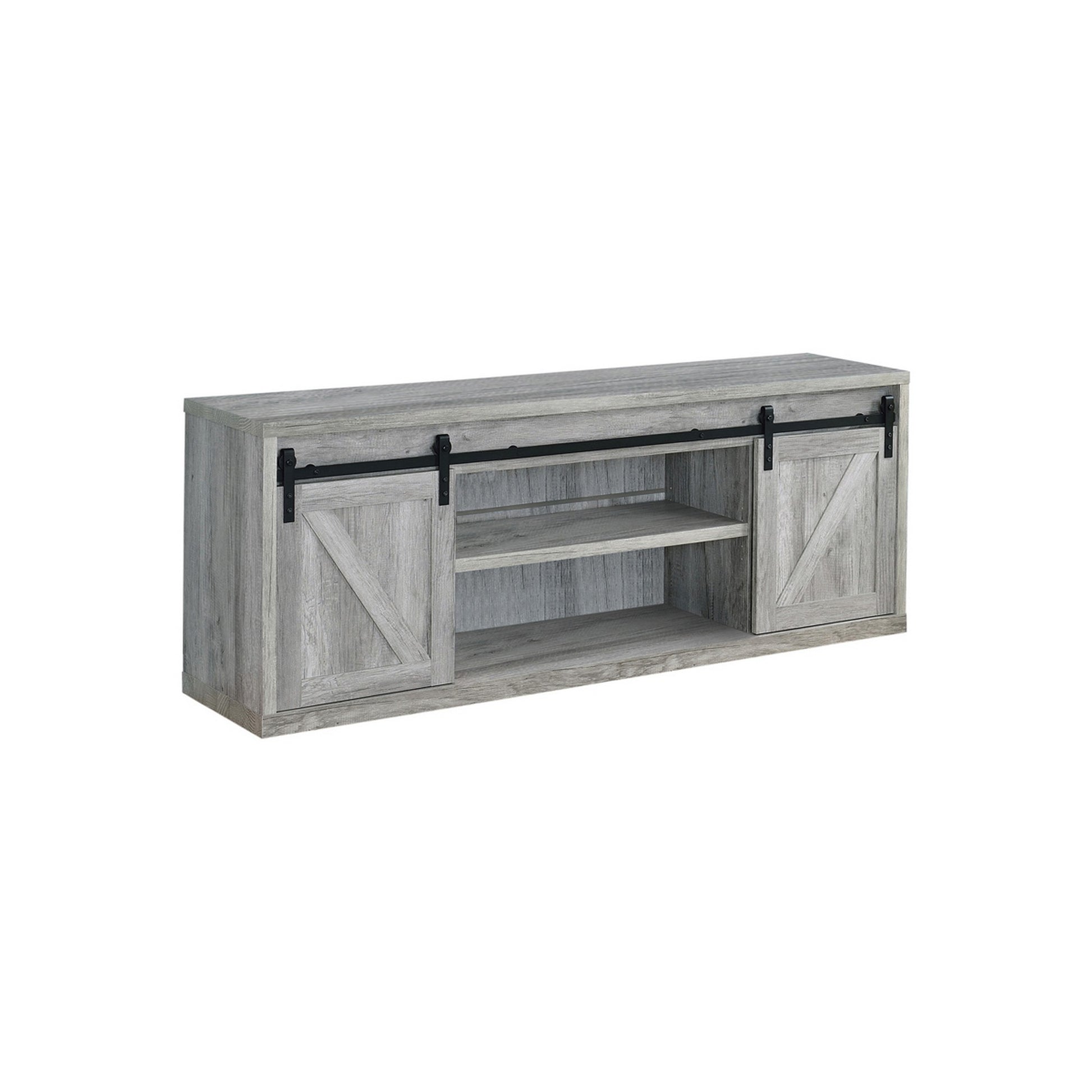 71 Inch Farmhouse Wooden Tv Console With 2 Sliding Barn Doors, Gray By Benzara | Cabinets | Modishstore