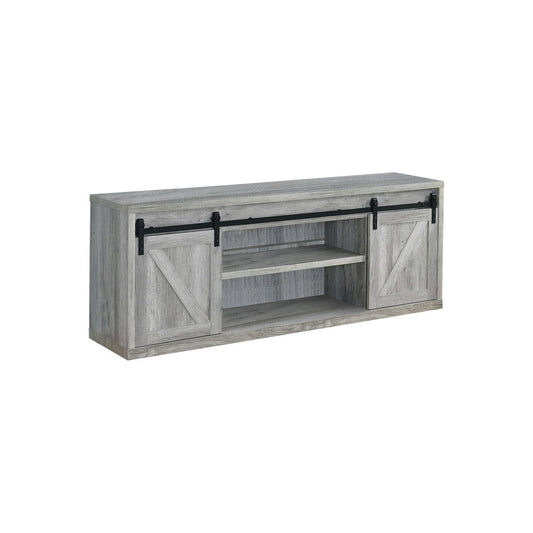 71 Inch Farmhouse Wooden Tv Console With 2 Sliding Barn Doors, Gray By Benzara | Cabinets | Modishstore