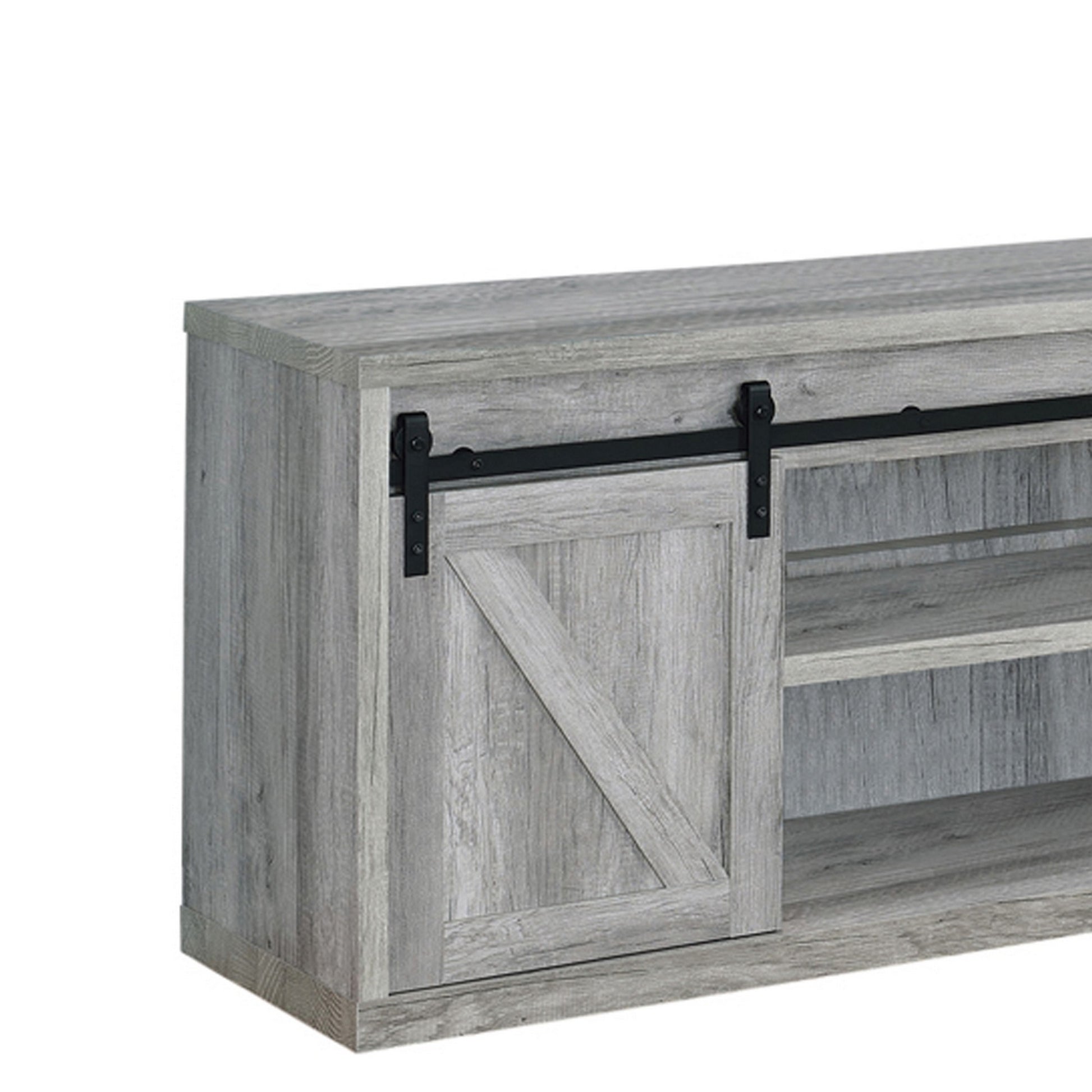 71 Inch Farmhouse Wooden Tv Console With 2 Sliding Barn Doors, Gray By Benzara | Cabinets | Modishstore - 2