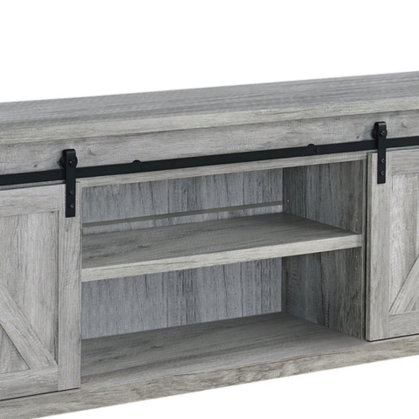 71 Inch Farmhouse Wooden Tv Console With 2 Sliding Barn Doors, Gray By Benzara | Cabinets | Modishstore - 3