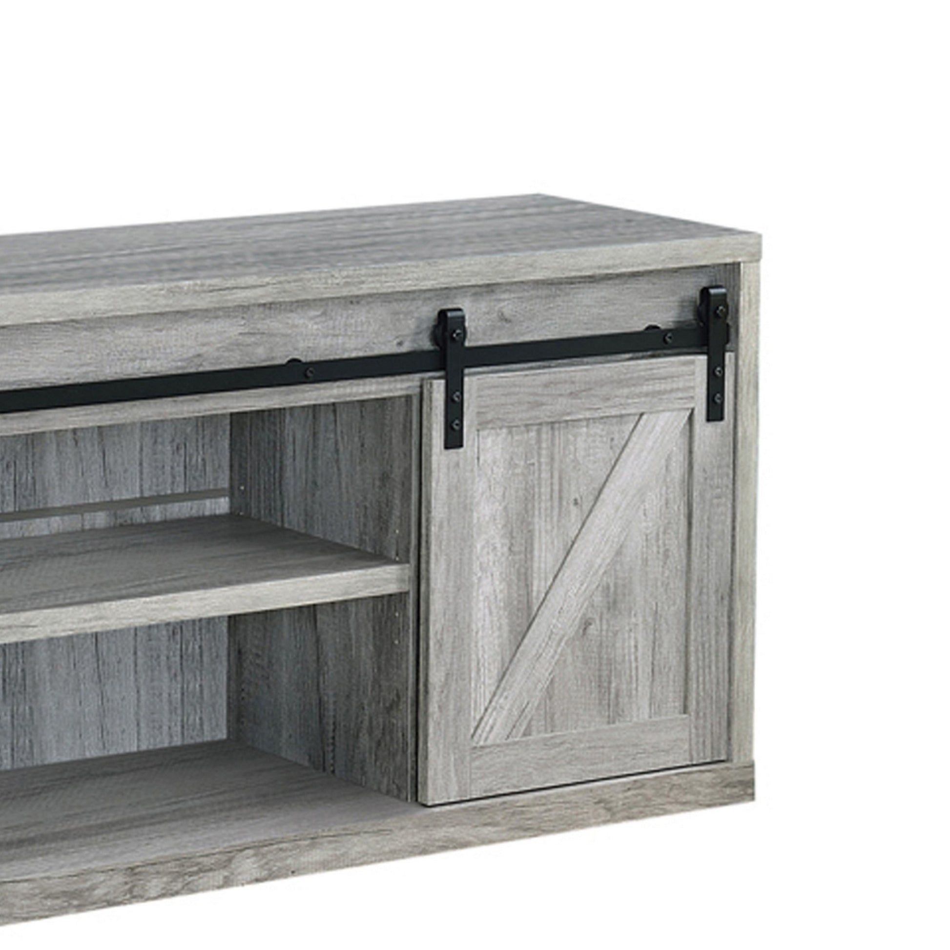 71 Inch Farmhouse Wooden Tv Console With 2 Sliding Barn Doors, Gray By Benzara | Cabinets | Modishstore - 4