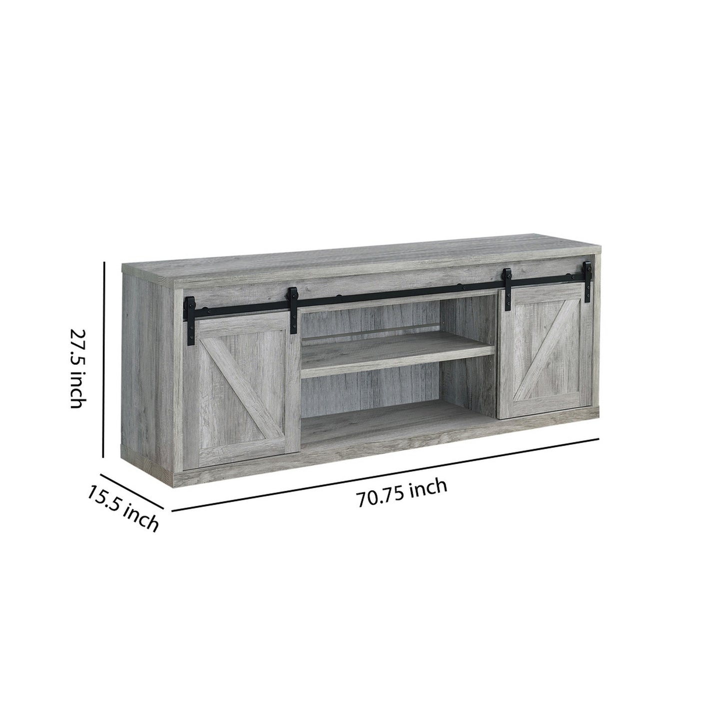 71 Inch Farmhouse Wooden Tv Console With 2 Sliding Barn Doors, Gray By Benzara | Cabinets | Modishstore - 5