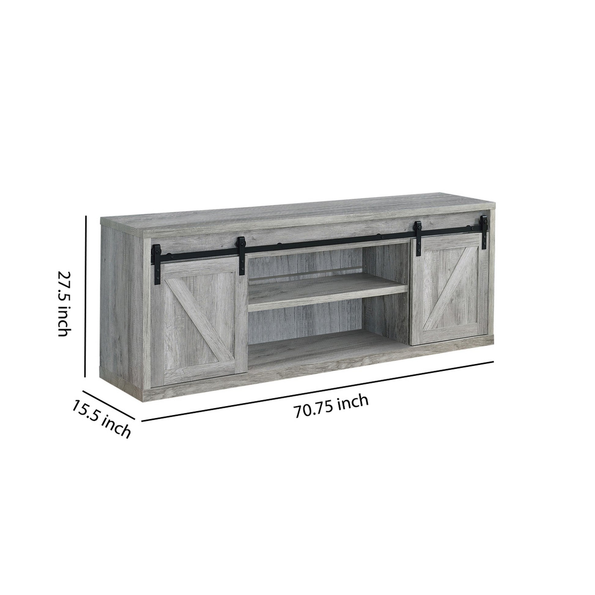 71 Inch Farmhouse Wooden Tv Console With 2 Sliding Barn Doors, Gray By Benzara | Cabinets | Modishstore - 5