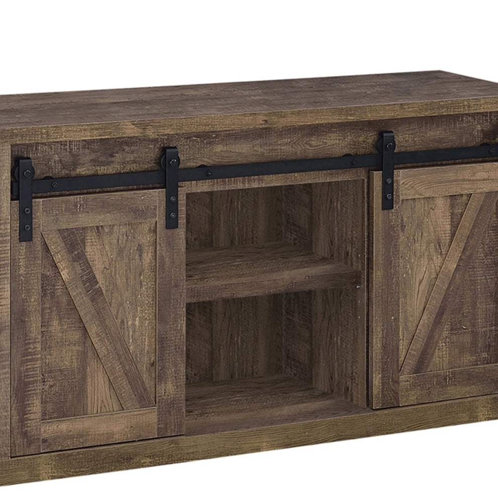 48 Inch Farmhouse Wooden Tv Console With 2 Sliding Barn Doors, Rustic Brown By Benzara | Cabinets |  Modishstore  - 2