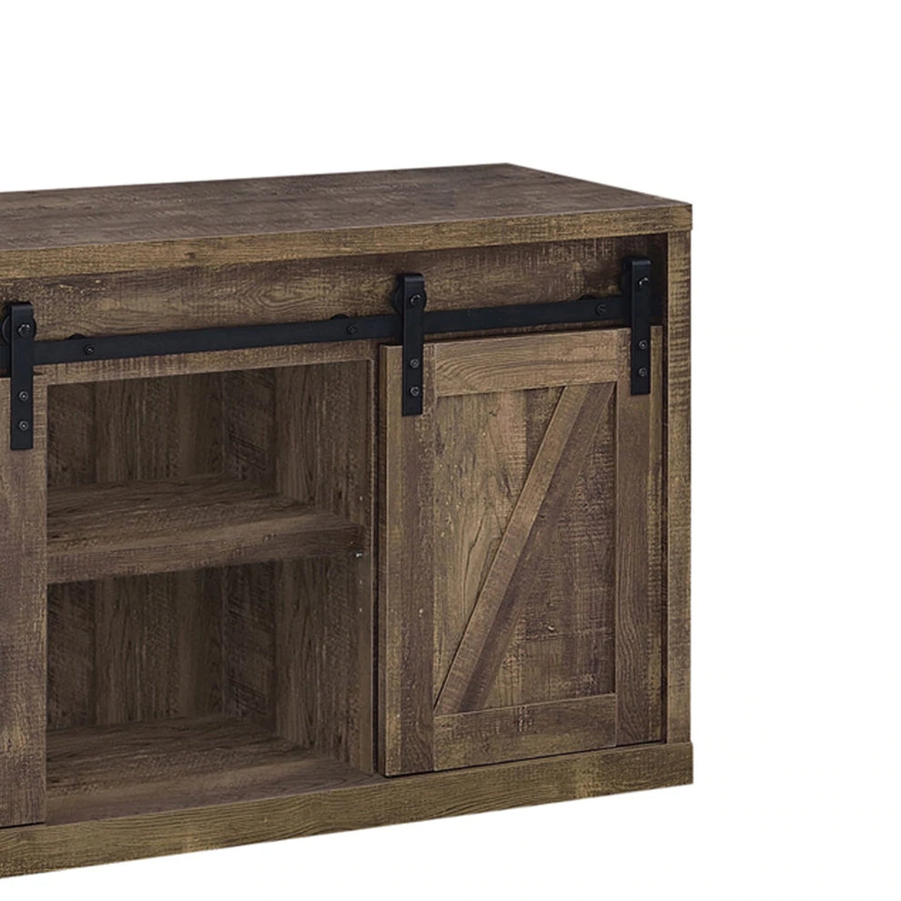 48 Inch Farmhouse Wooden Tv Console With 2 Sliding Barn Doors, Rustic Brown By Benzara | Cabinets |  Modishstore  - 4