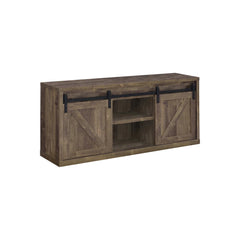 59 Inch Farmhouse Wooden Tv Console With 2 Sliding Barn Doors, Rustic Brown By Benzara