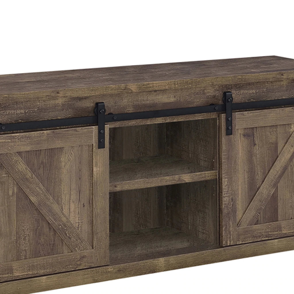 59 Inch Farmhouse Wooden Tv Console With 2 Sliding Barn Doors, Rustic Brown By Benzara | TV Stands |  Modishstore  - 2