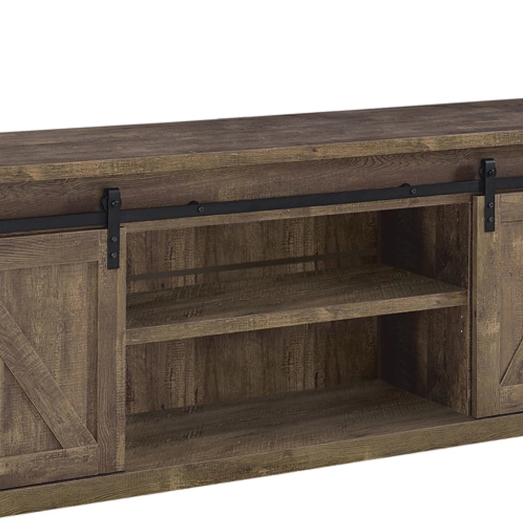 71 Inch Farmhouse Wooden Tv Console With 2 Sliding Barn Doors, Rustic Brown By Benzara | TV Stands |  Modishstore  - 6