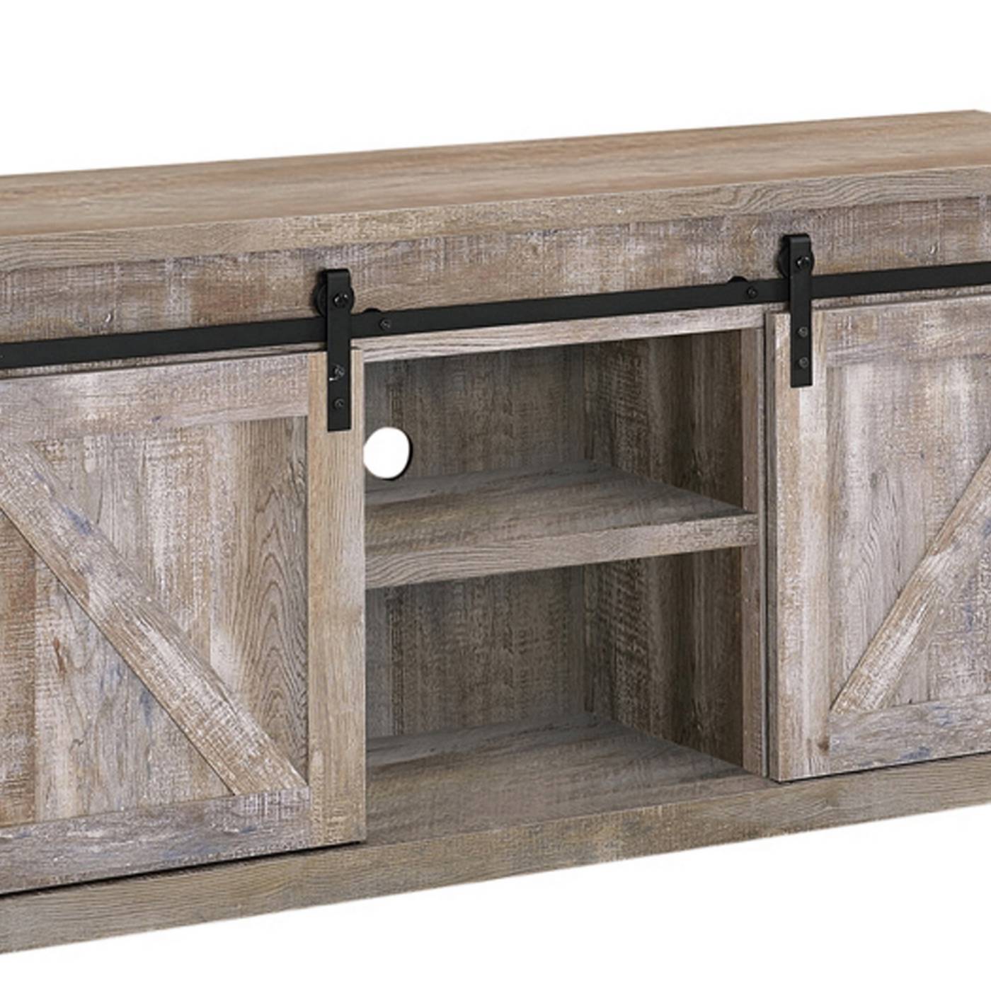 59 Inch Farmhouse Wooden Tv Console With 2 Sliding Barn Doors, Oak By Benzara | TV Stands |  Modishstore  - 4