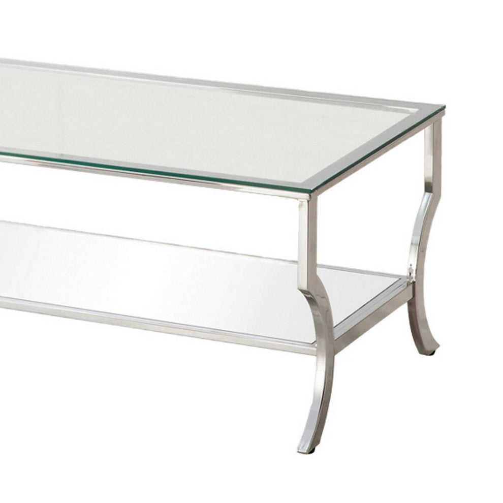 Glass Top Coffee Table With Metal Frame And Mirror Shelf, Chrome By Benzara | Coffee Tables |  Modishstore  - 3
