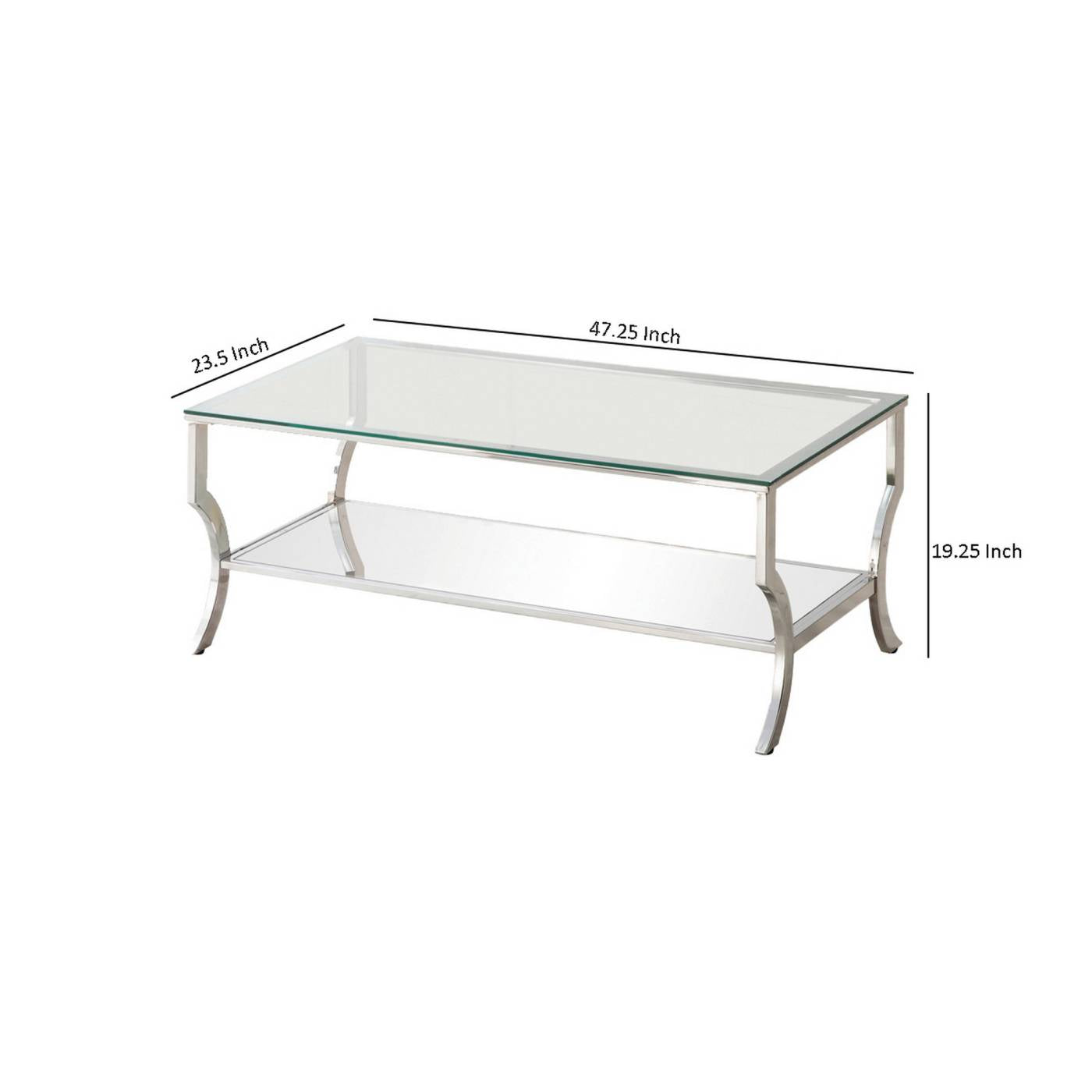 Glass Top Coffee Table With Metal Frame And Mirror Shelf, Chrome By Benzara | Coffee Tables |  Modishstore  - 2