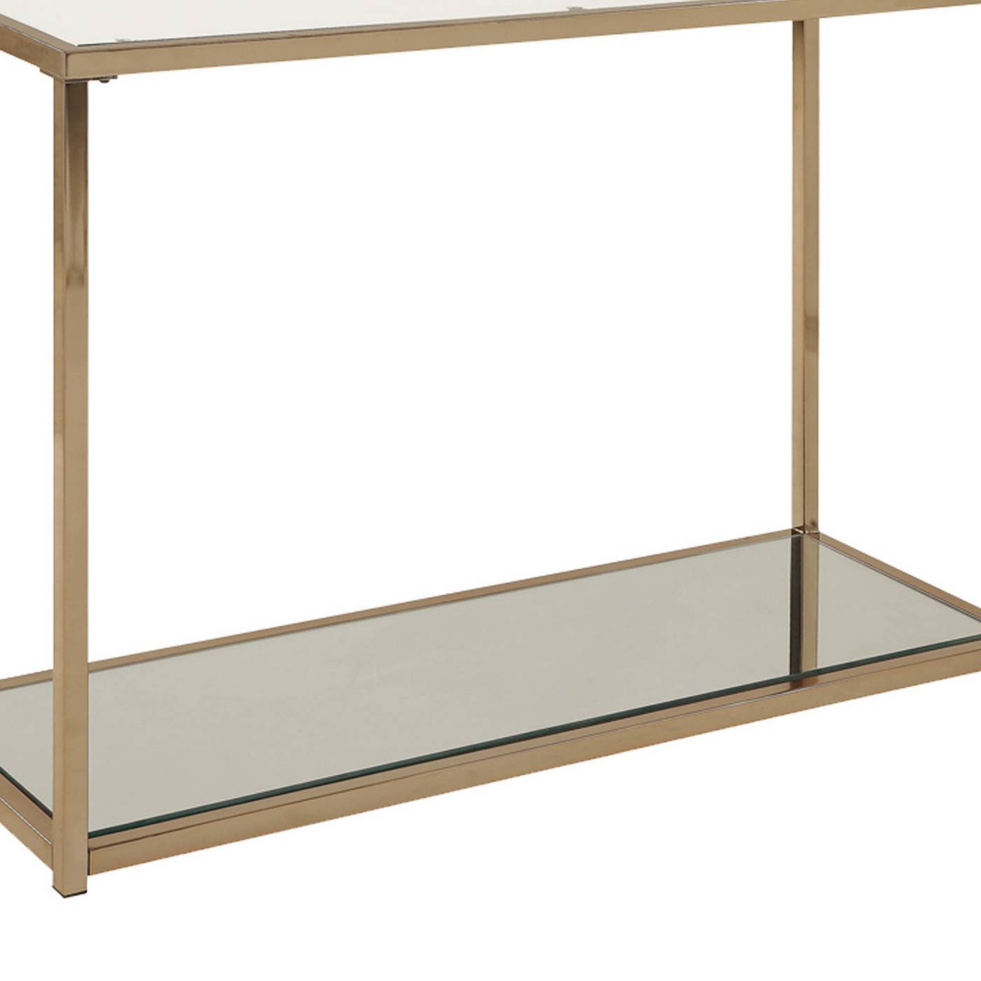 Glass Top Sofa Table With Metal Frame And Open Shelf, Brass And Clear By Benzara | Console Tables |  Modishstore  - 4