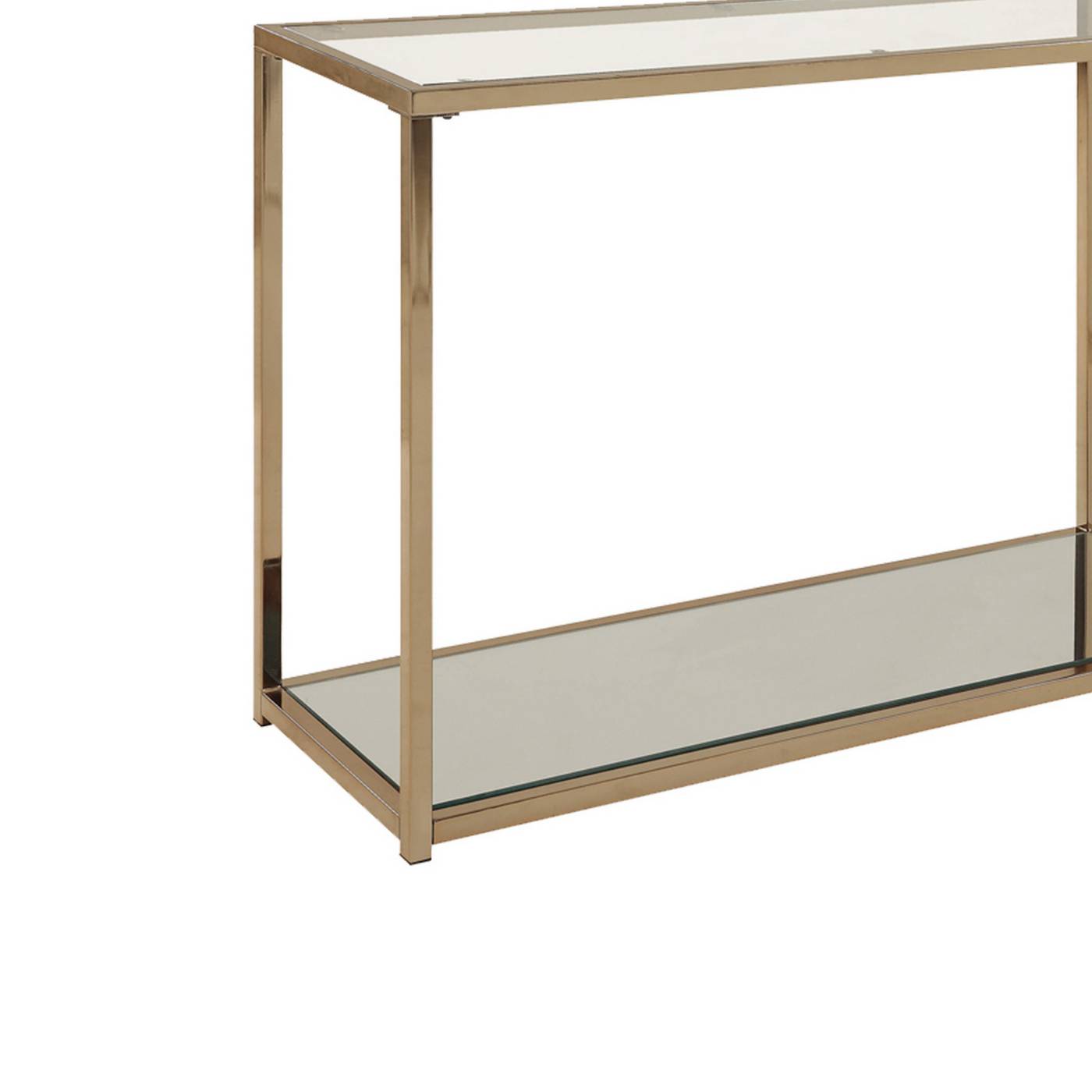 Glass Top Sofa Table With Metal Frame And Open Shelf, Brass And Clear By Benzara | Console Tables |  Modishstore  - 5