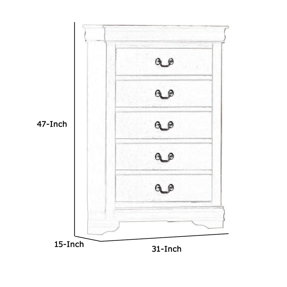 5 Drawer Wooden Chest With Metal Hanging Pulls And Bracket Feet, White By Benzara | Drawers |  Modishstore  - 3