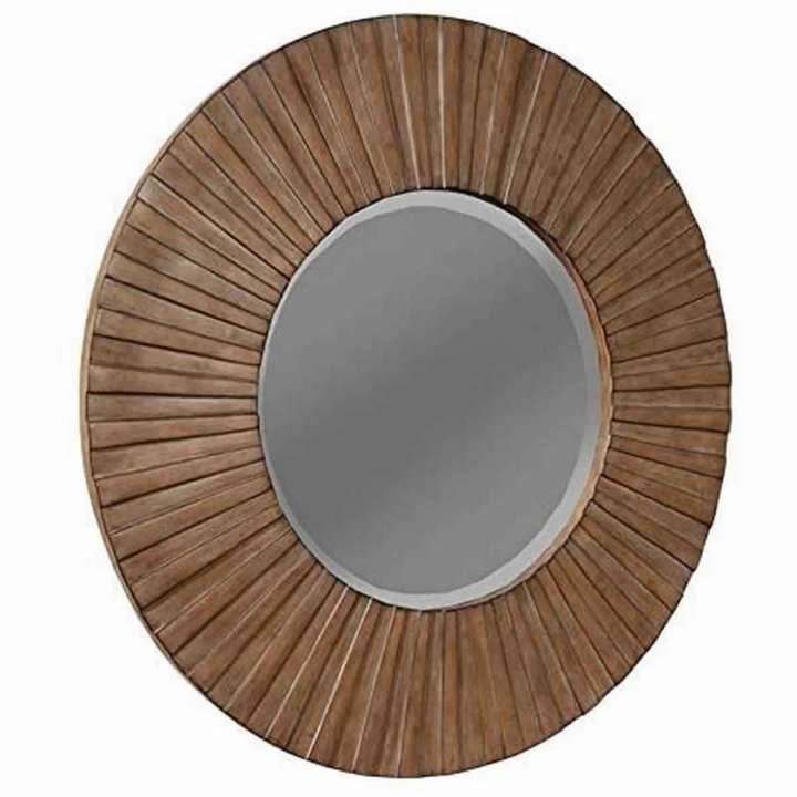 Transitional Sunburst Round Mirror With Wooden Frame, Brown By Benzara | Mirrors |  Modishstore  - 6