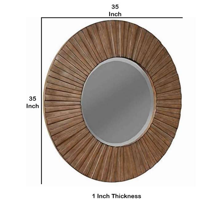Transitional Sunburst Round Mirror With Wooden Frame, Brown By Benzara | Mirrors |  Modishstore  - 2
