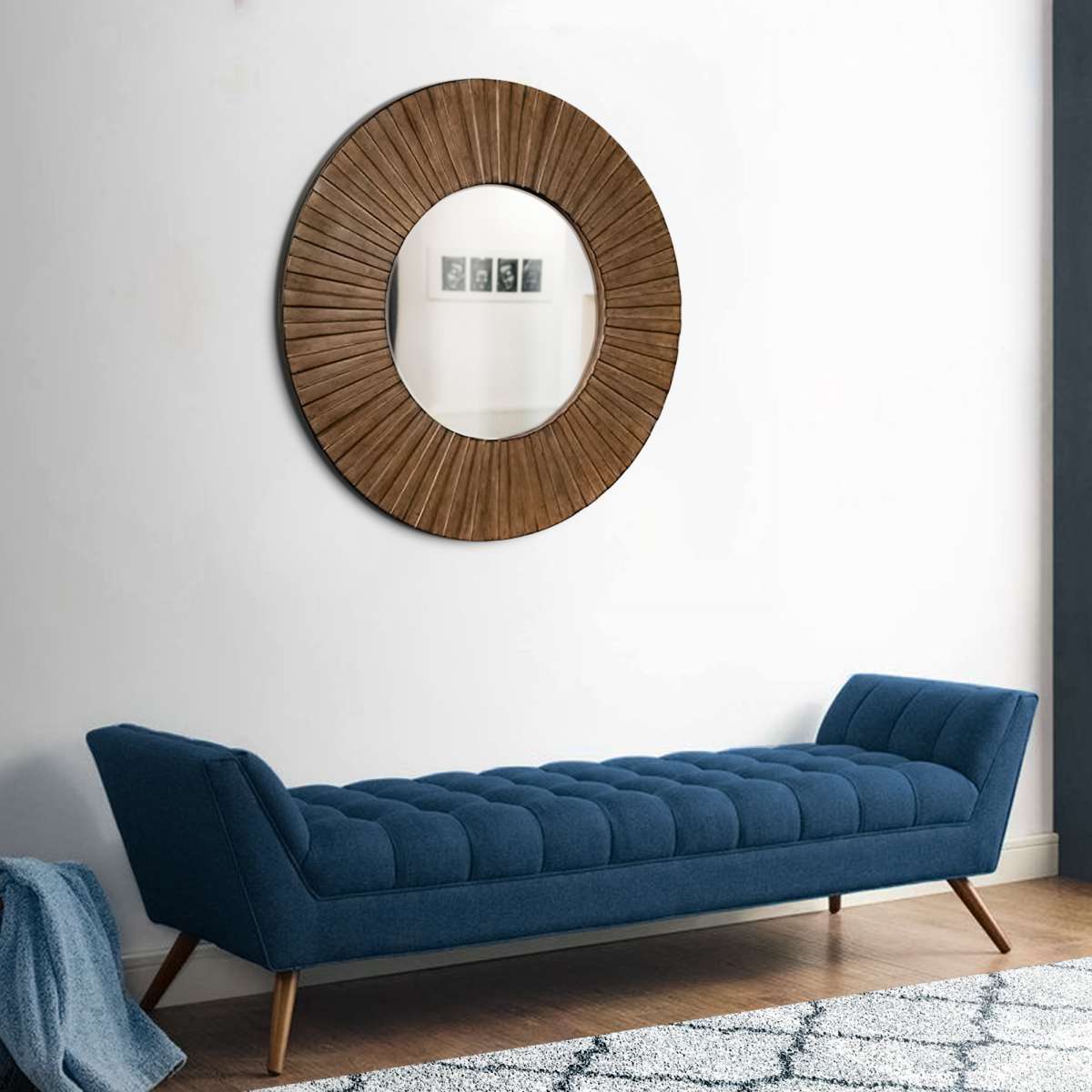 Transitional Sunburst Round Mirror With Wooden Frame, Brown By Benzara | Mirrors |  Modishstore 