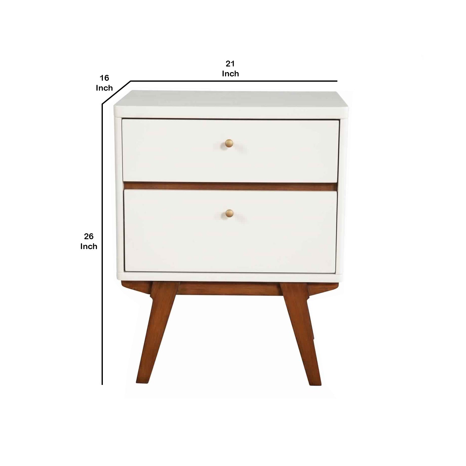 2 Drawer Wooden Nightstand With Angled Legs, White And Brown By Benzara | Nightstands | Modishstore - 6