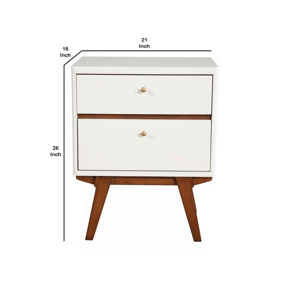 2 Drawer Wooden Nightstand With Angled Legs, White And Brown By Benzara | Nightstands | Modishstore - 6
