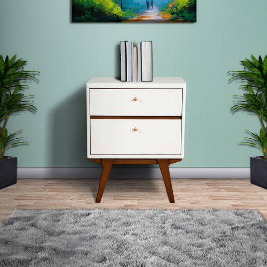 2 Drawer Wooden Nightstand With Angled Legs, White And Brown By Benzara | Nightstands | Modishstore