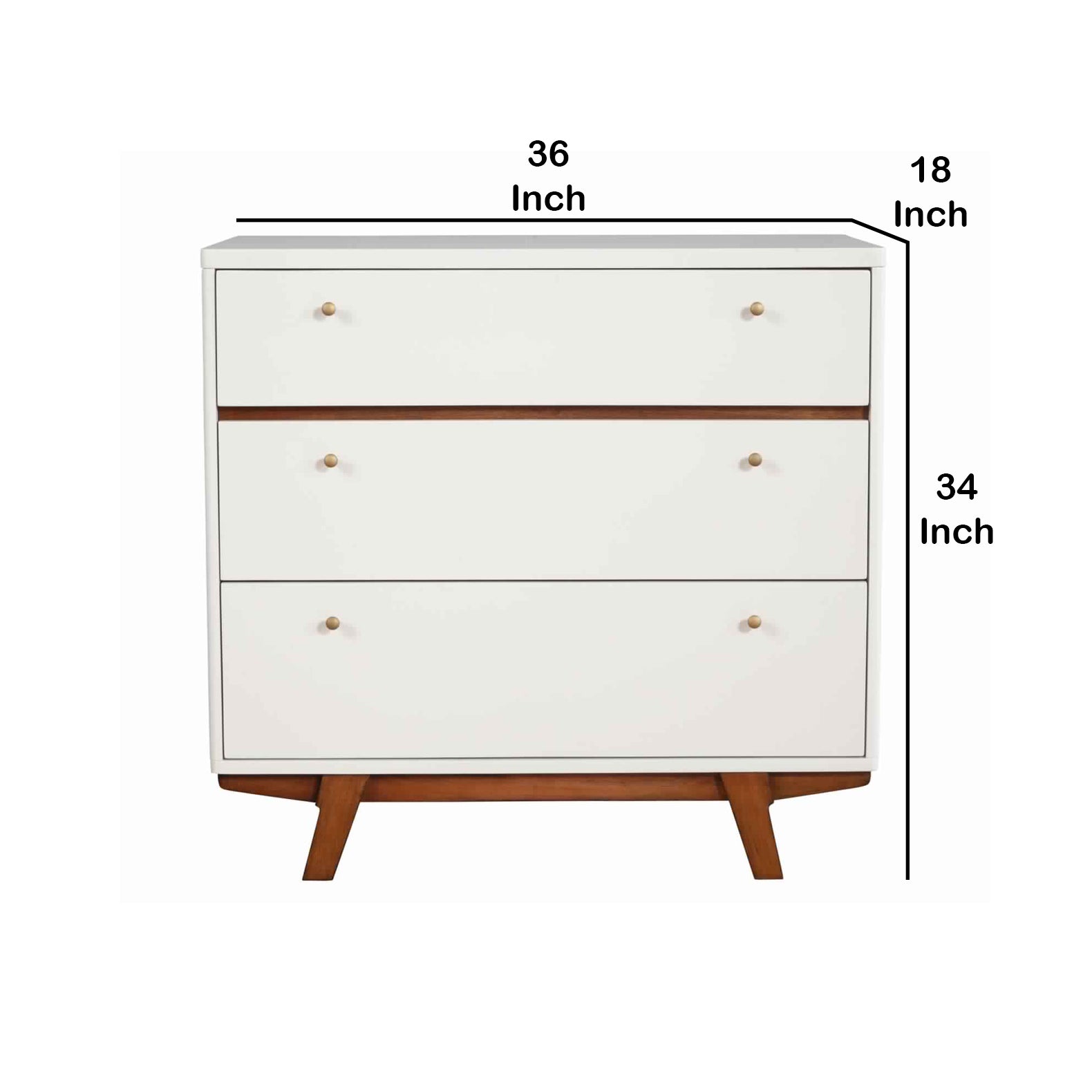 3 Drawer Wood Chest With Round Pulls And Angled Legs, Small,White And Brown By Benzara | Cabinets | Modishstore - 6