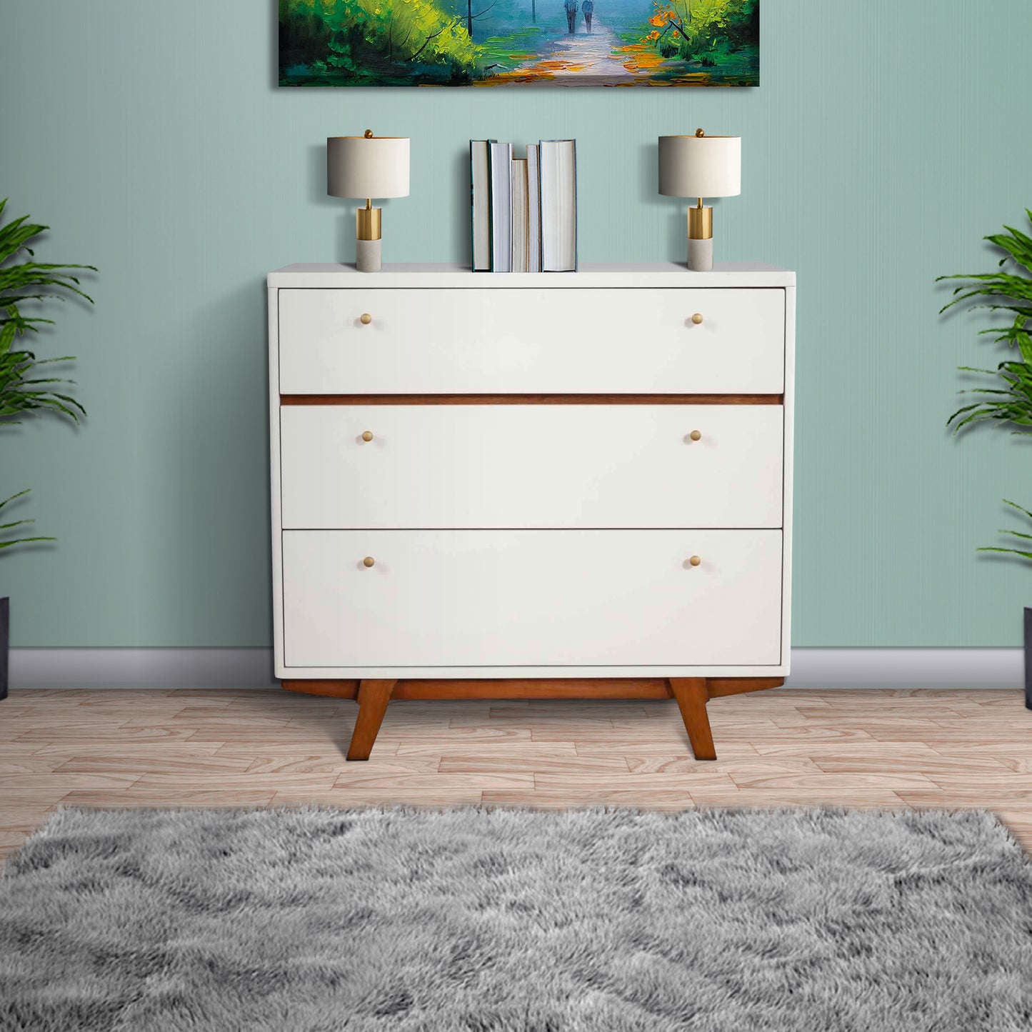 3 Drawer Wood Chest With Round Pulls And Angled Legs, Small,White And Brown By Benzara | Cabinets | Modishstore
