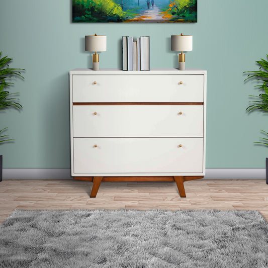 3 Drawer Wood Chest With Round Pulls And Angled Legs, Small,White And Brown By Benzara | Cabinets | Modishstore