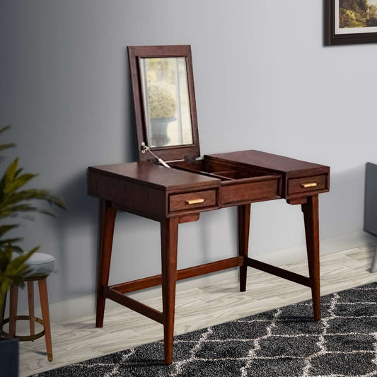 2 Drawer Vanity Desk With Flip Top Mirror And Tapered Legs, Walnut Brown By Benzara | Desks |  Modishstore 