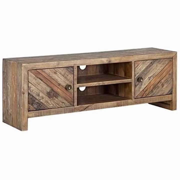 Wooden Tv Console With 2 Cabinets And Open Center Shelf, Weathered Brown By Benzara | Cabinets |  Modishstore  - 6