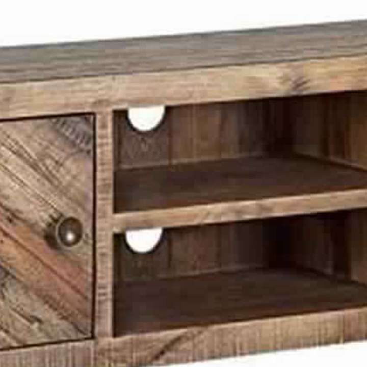 Wooden Tv Console With 2 Cabinets And Open Center Shelf, Weathered Brown By Benzara | Cabinets |  Modishstore  - 5