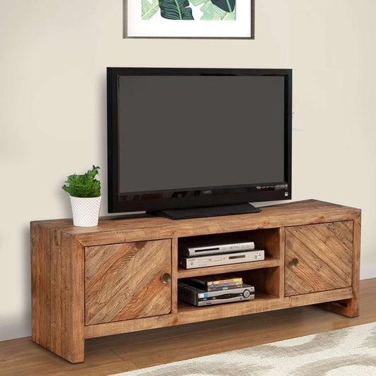 Wooden Tv Console With 2 Cabinets And Open Center Shelf, Weathered Brown By Benzara | Cabinets |  Modishstore 