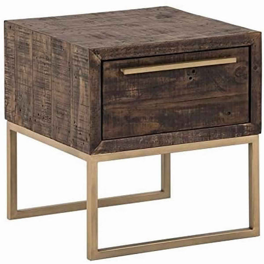 Wooden Lamp Table With 1 Storage Drawer And Metal Base, Brown And Gold By Benzara | Accent Tables | Modishstore