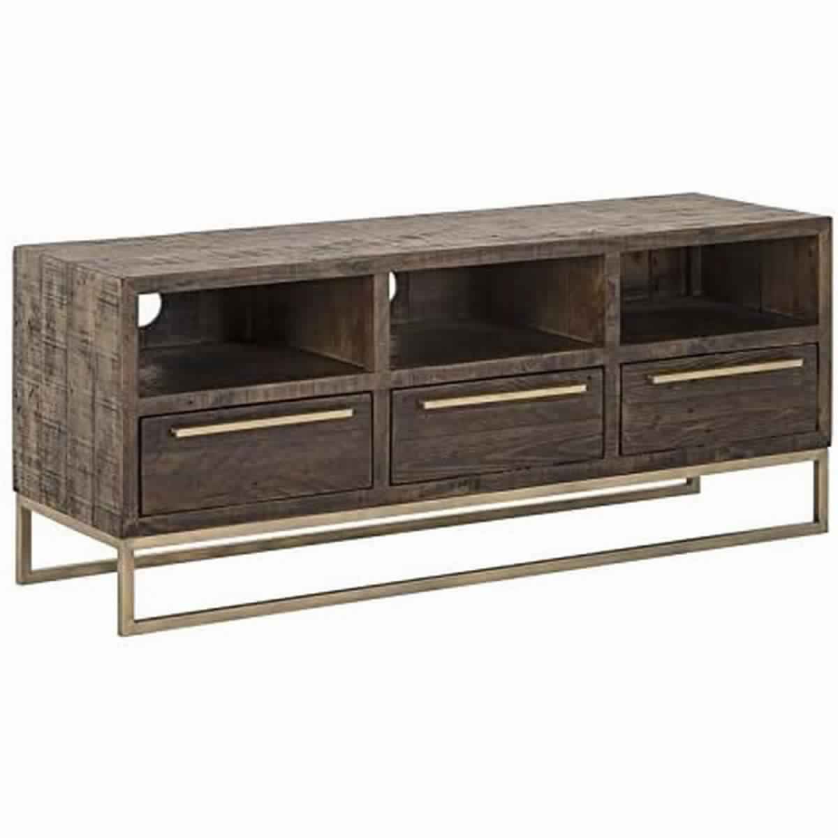 3 Drawer Tv Console With Sled Base And 3 Open Compartments, Brown And Gold By Benzara | Cabinets | Modishstore - 2