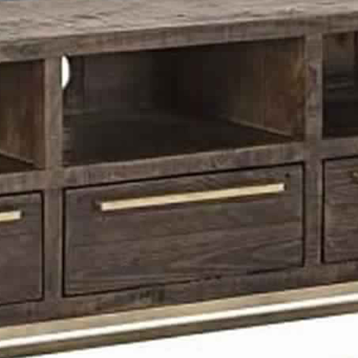3 Drawer Tv Console With Sled Base And 3 Open Compartments, Brown And Gold By Benzara | Cabinets | Modishstore - 3