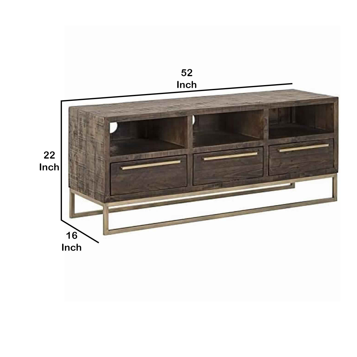 3 Drawer Tv Console With Sled Base And 3 Open Compartments, Brown And Gold By Benzara | Cabinets | Modishstore - 6
