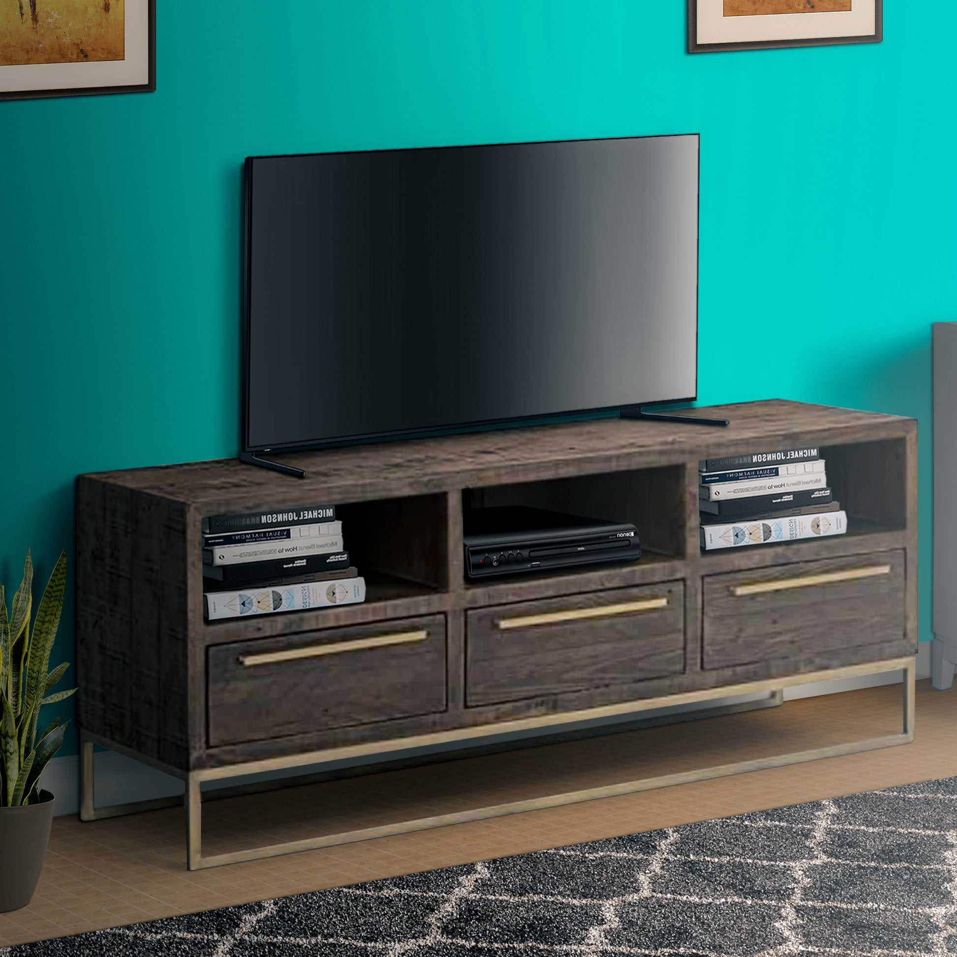 3 Drawer Tv Console With Sled Base And 3 Open Compartments, Brown And Gold By Benzara | Cabinets | Modishstore