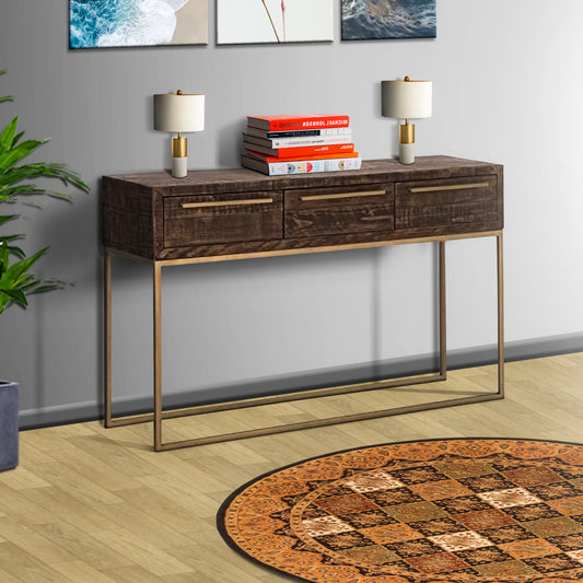 Wooden Sofa Table With 3 Storage Drawers And Metal Base, Brown And Gold By Benzara | Console Tables | Modishstore
