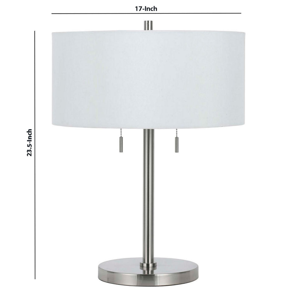 Metal Body Table Lamp With Fabric Drum Shade And Pull Chain Switch, Silver By Benzara | Table Lamps |  Modishstore  - 2