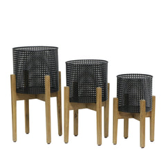 Transitional Metal Mesh Planter With Wooden Base Set Of 3 Black And Brown By Benzara