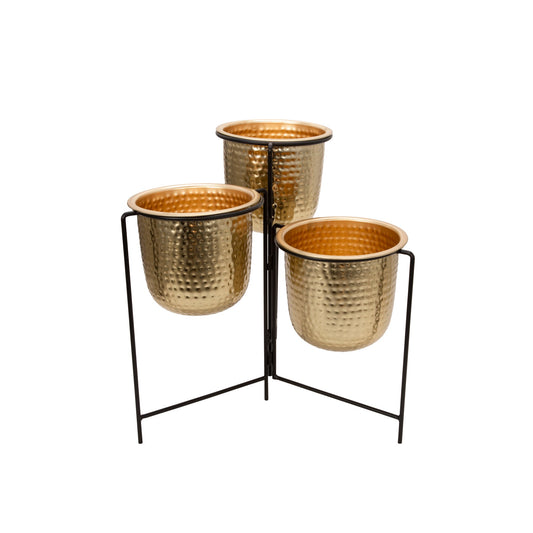 3 Conjoined Hammered Metal Planter With Stands Gold And Black By Benzara | Planters, Troughs & Cachepots | Modishstore