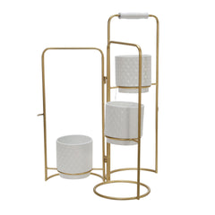 3 Tier Round Shape Foldable Metal Planter With Tubular FrameWhite And Gold By Benzara