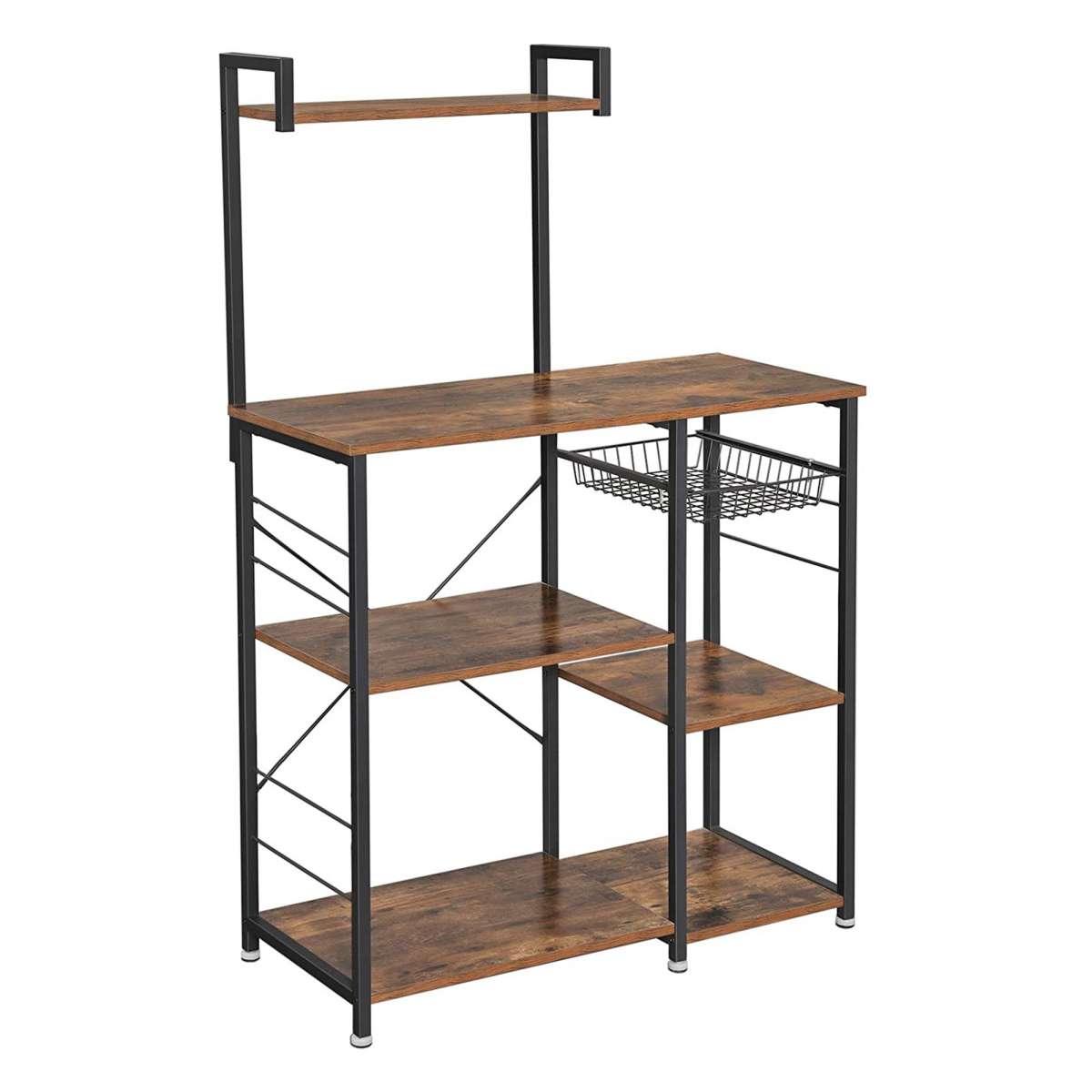 Wooden Utility Storage With 5 Shelves And Wire Basket, Brown And Black By Benzara | Shelves & Shelving Units |  Modishstore 